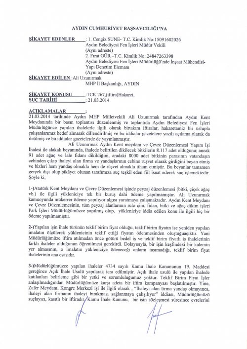 Aydın Belediyesi Personelinden Uzunırmak Hakkında Suç Duyurusu
